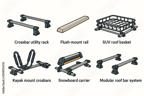 Vehicle roof rack accessories: utility rack, roof basket, snowboard carrier, and kayak mount