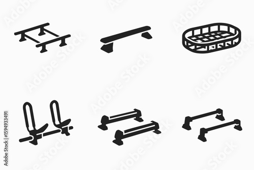 Minimalist gym equipment icons set: benches, parallel bars, stadium, machines
