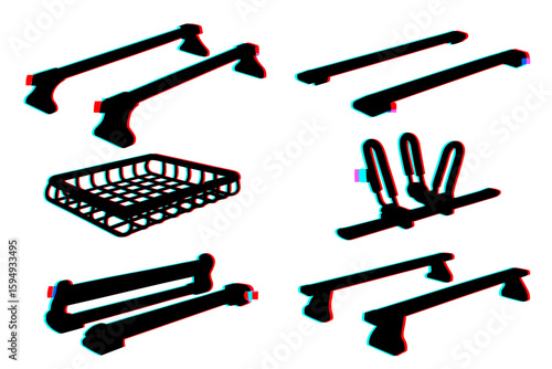 Anaglyph 3d silhouettes of various hand tools and hardware items