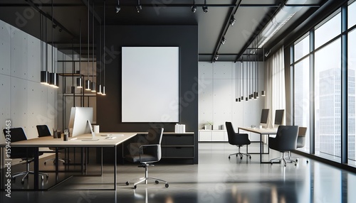 Modern office interior with large blank poster mockup on dark wall for clean design presentation concept in minimalistic workspace setting. 3D Rendering