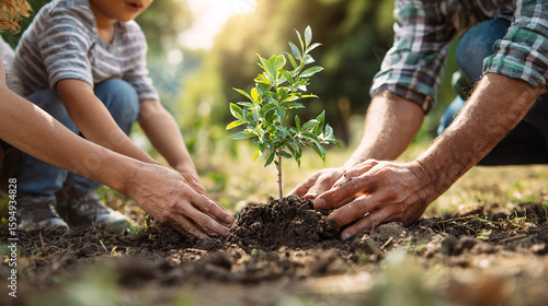 Family planting tree together in green park on sunny day, sustainability and environmental care concept.