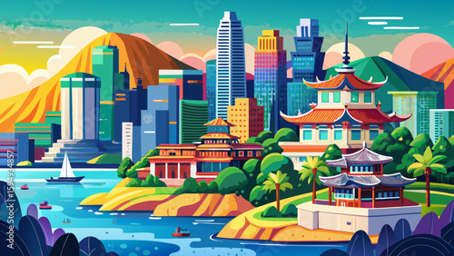 Busan, South Korea – Beaches, skyscrapers, and temples on cliff sides create a city of contrasts, perfect for a vibrant and layered vector illustration.