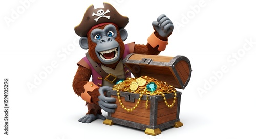 Monkey pirate with treasure chest illustration