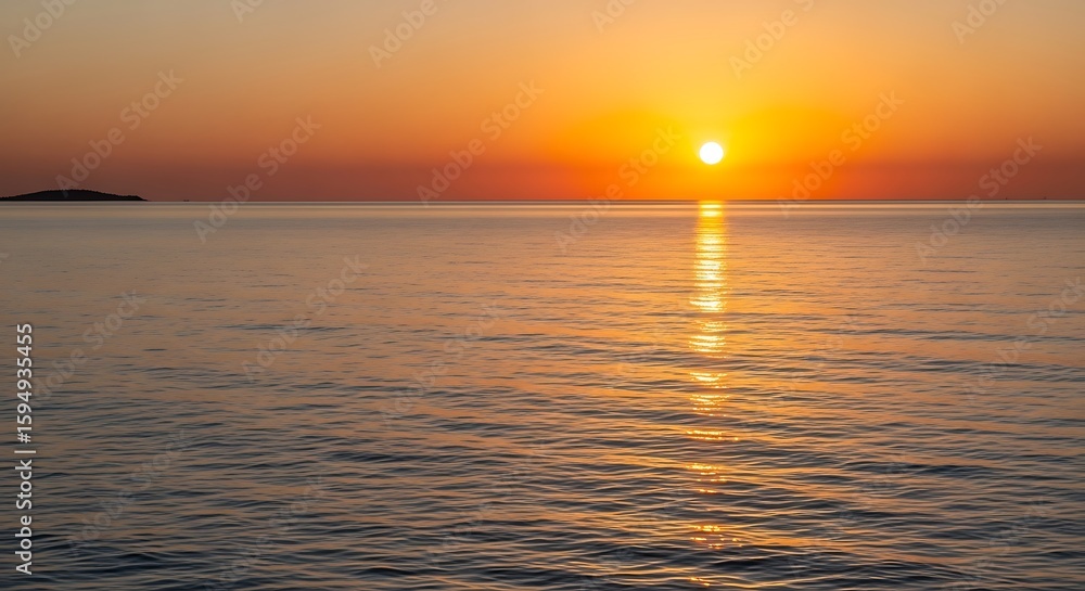 Fototapeta premium A serene sunset over the ocean, with a golden sun reflecting on the water and a small island visible on the horizon.
