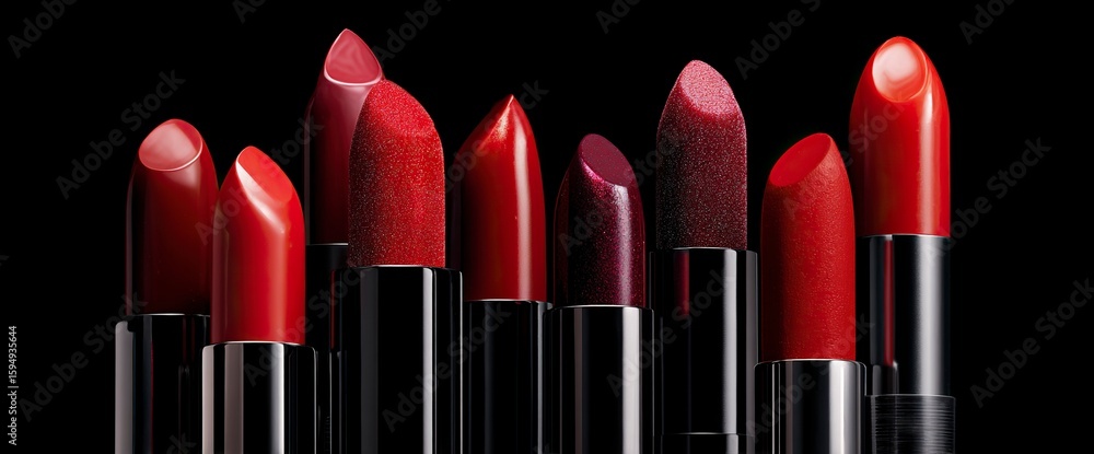 Obraz premium A creative composition of various shades and shapes of red lipsticks arranged in an abstract manner on a black background, creating a visually appealing and artistic display for cosmetic product adver