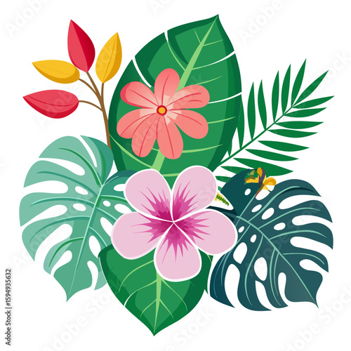 Tropical floral arrangement with leaves and flowers isolated on white background