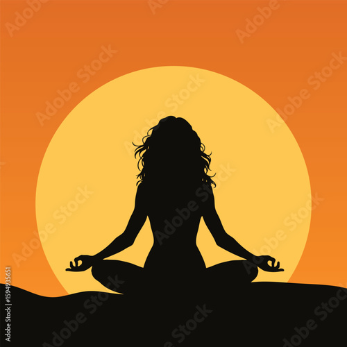 A silhouette of a woman meditating in the lotus position against a glowing orange sunrise. This peaceful yoga illustration captures the essence of mindfulness, serenity, and self-care