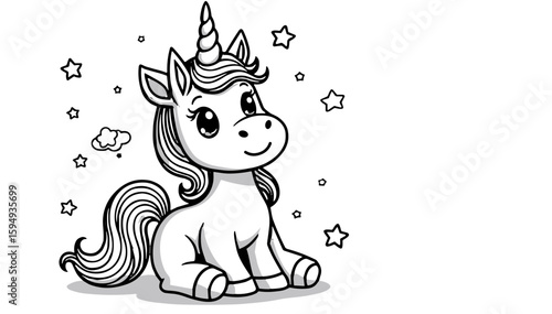 Adorable sitting unicorn illustration for coloring book surrounded by stars in a whimsical style