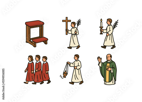 Christian ceremonial icons with clergy and altar boys