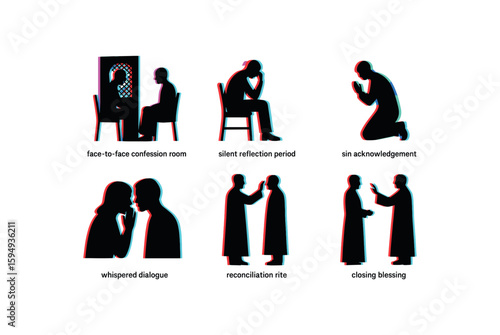 Silhouette illustrations of religious practices and confessions