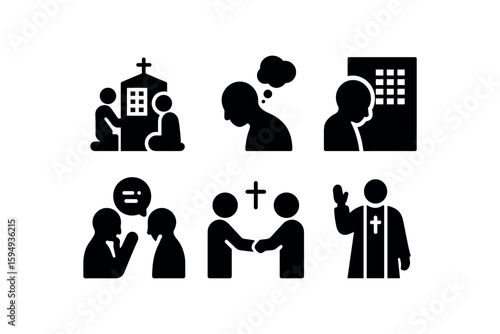 Religious confession and forgiveness icons - faith, thought, guidance, reconciliation, priest