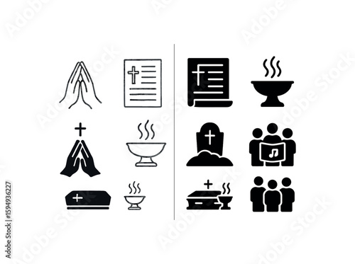 Religious symbols and funeral icons - cross, prayer, chalice, gravestone