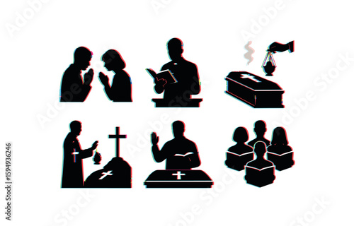 Christian funeral symbols: prayer, coffin, clergy, and mourning people