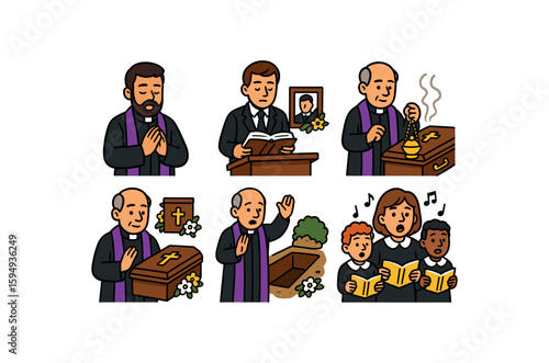 Funeral ceremony illustrations with clergy and choir
