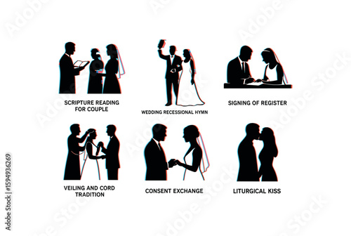 Silhouette of wedding traditions: hymn, kiss, register, cord, symbolizing union