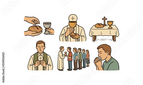 Communion ceremony with caucasian adults in religious setting