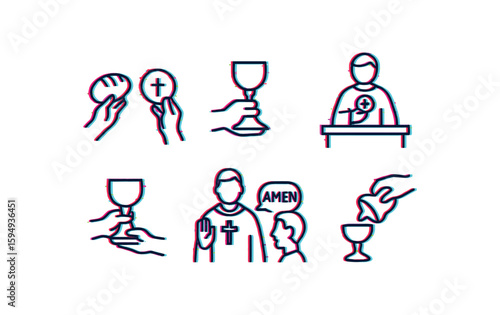 Christian communion symbols and rituals illustration set
