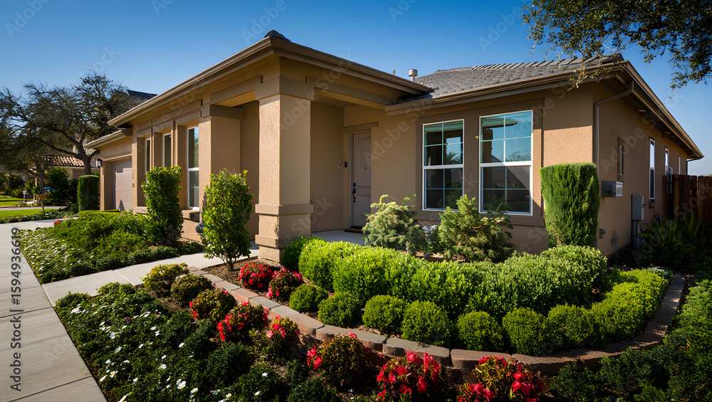 Fototapeta premium Charming home with a lush garden and inviting walkway