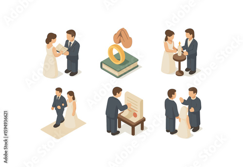 Isometric wedding scenes with caucasian couple in various marriage moments
