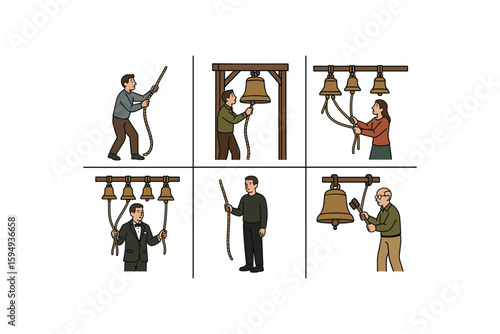 People of various backgrounds ringing different types of bells