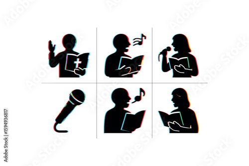 Silhouettes of six church choir roles: singer, vocalist, leader
