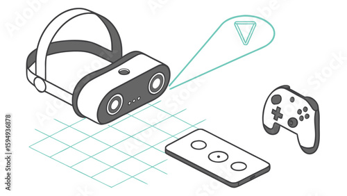 Isometric view of a vr headset controller and remote on a grid with a green triangle icon
