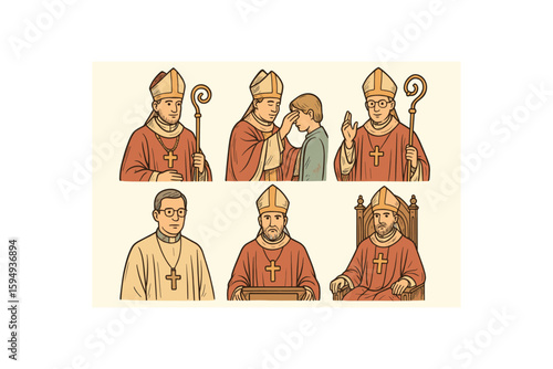 Religious icons: bishops, clergy, document, and throne symbols
