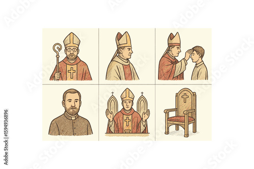 Illustrated bishops and clergy in traditional attire