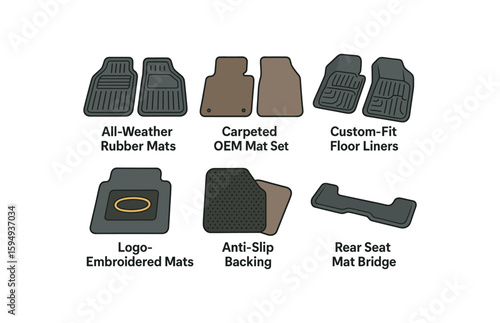Set of various car floor mats: all-weather, carpeted, custom-fit