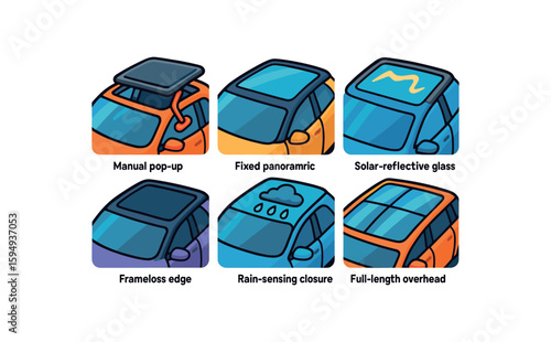 Types of car sunroofs and roof features illustrated