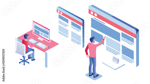 Isometric illustration of two developers working on website design and development process on computers