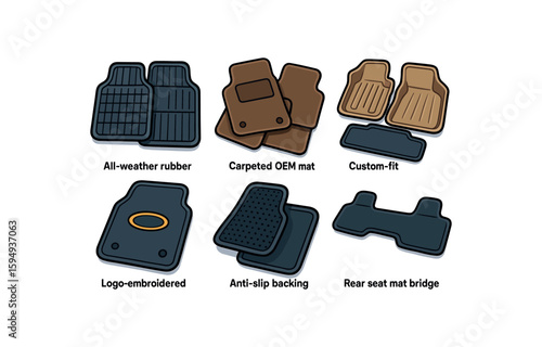 Variety of car floor mats: rubber, carpeted, custom-fit, logo, anti-slip, rear seat