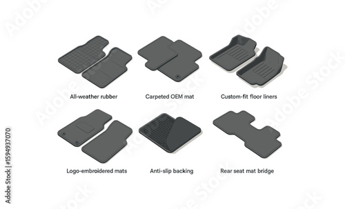 Car floor mats collection with all-weather rubber, carpeted oem, and custom-fit liners