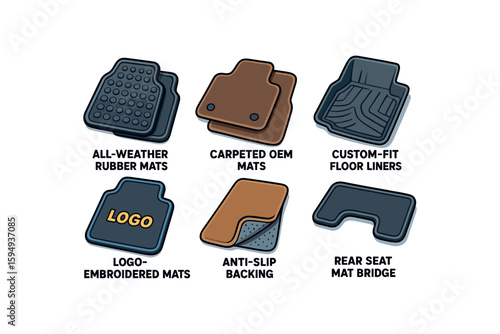 Variety of car floor mats: rubber, carpeted, custom-fit, logo-embroidered