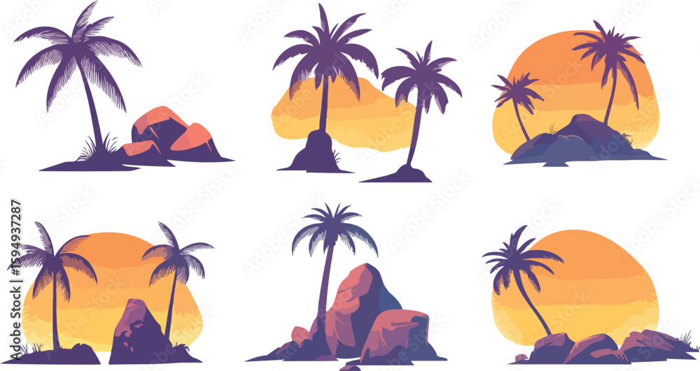 Fototapeta premium Tropical Palm Tree Silhouette Set with Sunset Backgrounds and Rock Formations
