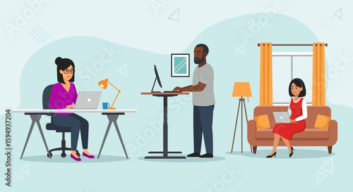 Diverse team working remotely from home, ideal for illustrating work-life balance or remote work concepts on a website or blog.