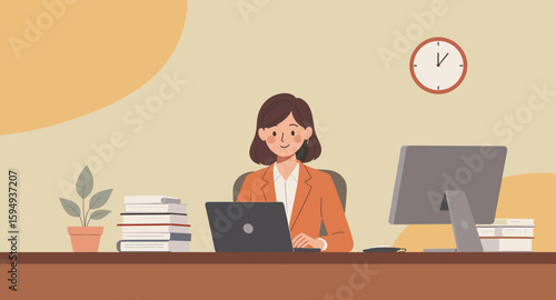 Businesswoman working on laptop at her desk. Perfect for website banners, brochures, and presentations.