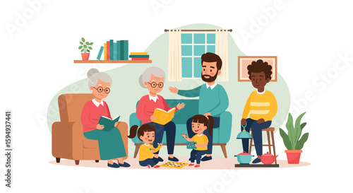 Multigenerational family enjoying time together at home, perfect for family blogs or articles about intergenerational relationships.