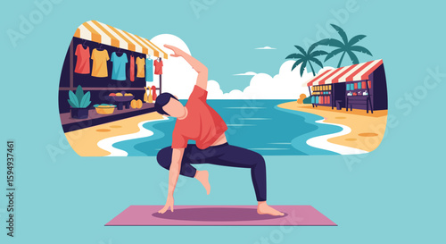 Man doing yoga on beach near shops, perfect for travel brochure or wellness website.