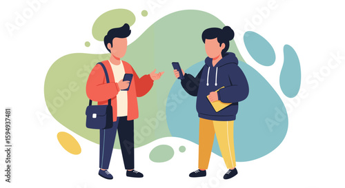 Two young people using smartphones, perfect for a mobile app landing page or social media campaign.