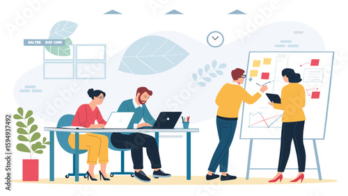 Teamwork in a modern office: colleagues collaborating on a project, perfect for presentations or website banners.