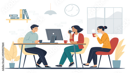 Three colleagues collaborating at a modern office desk, enjoying coffee during a productive meeting. Perfect for illustrating teamwork and collaboration in a business context.