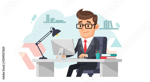 Happy businessman working at his desk, perfect for website banners, blog posts, or presentations about business success.