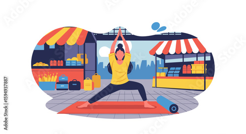 Woman doing yoga outdoors near market stalls - perfect for health, wellness, and lifestyle websites or brochures.