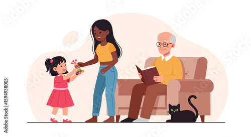 Multigenerational family enjoying time together at home, perfect for family, togetherness, and generational themes.