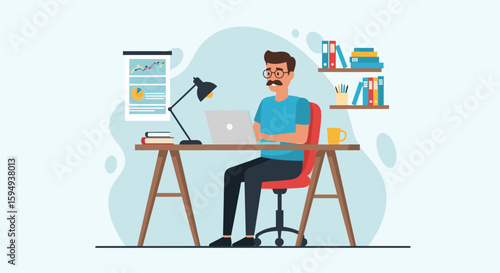 Man working on laptop at home office, perfect for productivity, remote work, and freelance lifestyle blog posts.