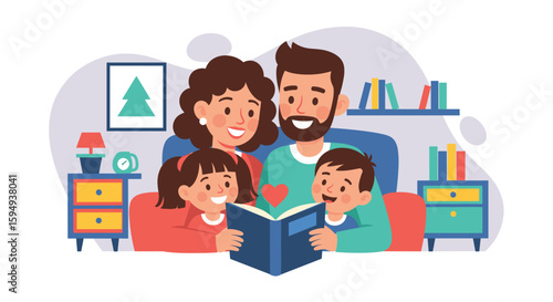 Happy family reading a book together at home. Perfect for websites, blogs, or brochures about family, parenting, or children's literature.