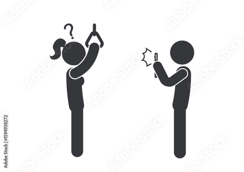 Isolated pictogram icon showing a person secretly taking photos of others inside public transport, symbolizing harassment or pervert behavior on bus or train.