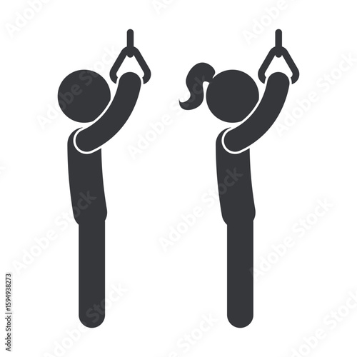 Bundle isolated pictogram of man and woman standing inside public transportation, symbolizing daily commuter activity on bus, train, or subway transit.