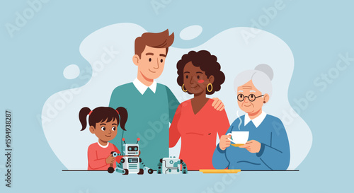 Multigenerational family with child playing with robot, perfect for website banners or family-themed brochures.